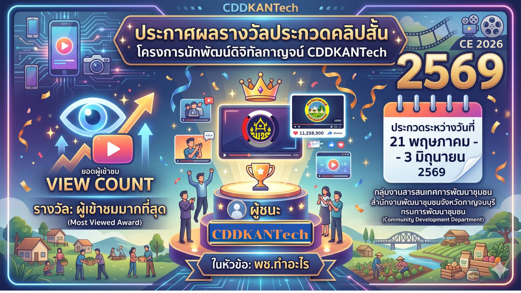 พช. กาญจนบุรี มอบรางวัลประกวดคลิปสั้น ในหัวข้อ “พช.ทำอะไร” ความยาวไม่เกิน 3 นาที  ในโครงการนักพัฒน์ดิจิทัลกาญจน์ “CD KAN Tech”